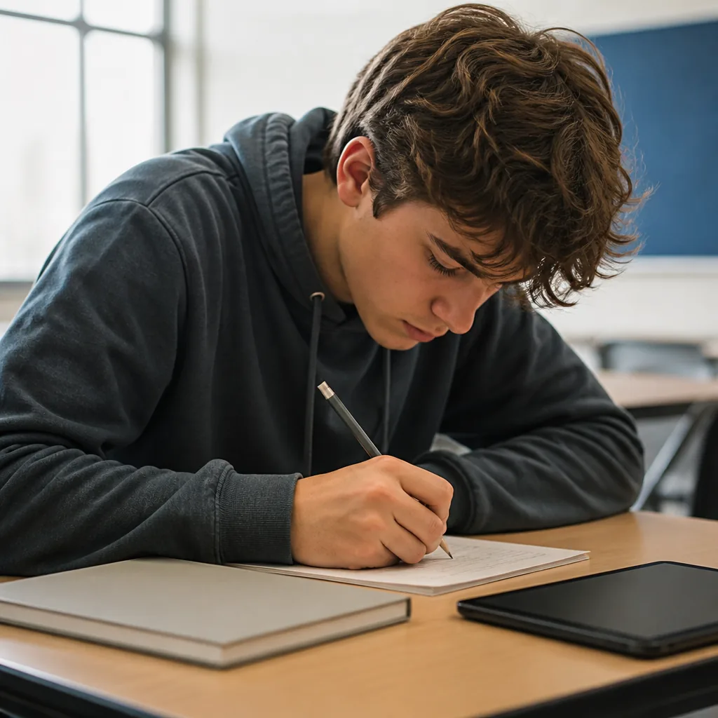 Élèves participant à un concours d’écriture rapide avec outils pédagogiques
